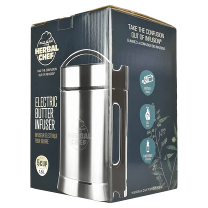 Front view of the Pulsar Herbal Chef Electric Butter Infuser with text in French on a black background.