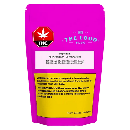 Close-up of the Purple Rain package, displaying bold text and a cannabis leaf against a vibrant purple background.