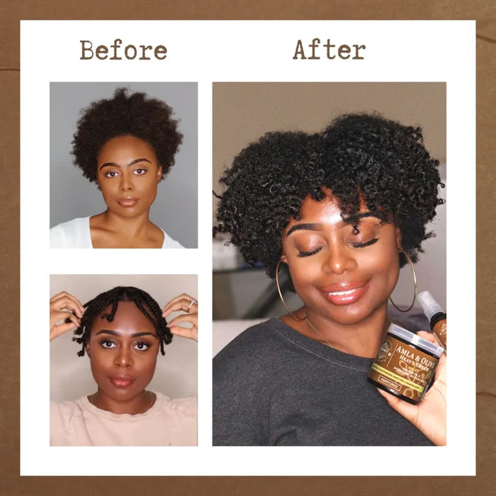 Before and after comparison of a woman's hair with a qhemet amla heavy cream, set against a brown background.