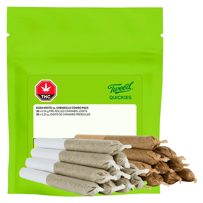 A stack of twenty 0.35g Quickies Kush Mints vs. Chemsicle Combo Pack joints, viewed from a slight angle against a plain white backdrop.