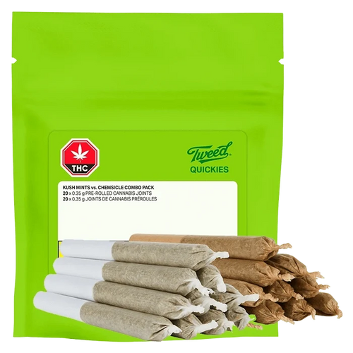 A stack of twenty 0.35g Quickies Kush Mints vs. Chemsicle Combo Pack joints, viewed from a slight angle against a plain white backdrop.