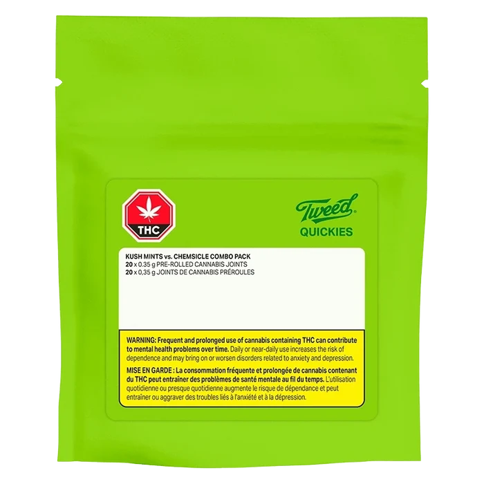 Front view of the Quickies Kush Mints vs. Chemsicle Combo Pack packaging with a warning label, and a bold red THC symbol.