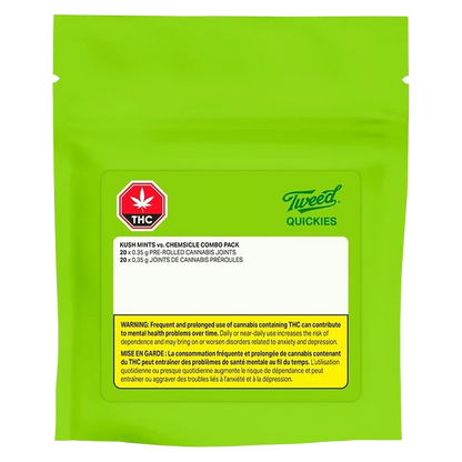 Front view of the Quickies Kush Mints vs. Chemsicle Combo Pack packaging with a warning label, and a bold red THC symbol.