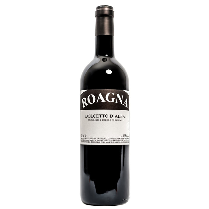 Roagna Dolcetto d'Alba 2024 wine bottle, dark label with front logo and foil top