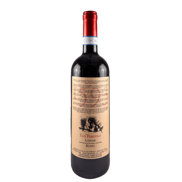 San Fereolo wine bottle with dark glass, red foil, cream label, '1593' and 2011