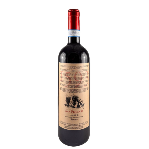 San Fereolo wine bottle with dark glass, red foil, cream label, '1593' and 2011