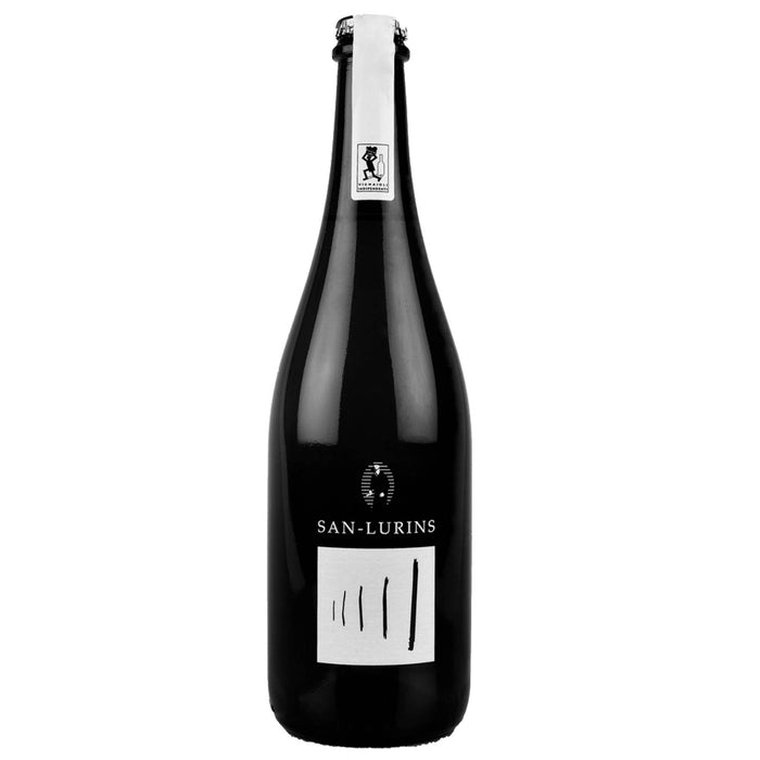 San-Lurins Malvasia sparkling wine bottle, black glass with white label