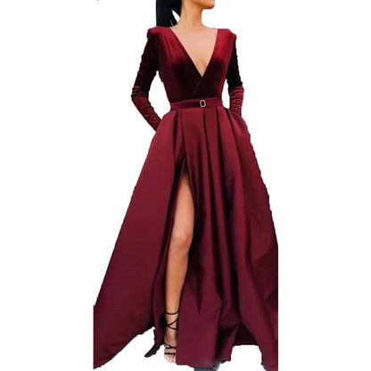 Satin Wedding Dress Gown Prom Party Dress Long Sleeve High Split Maxi Gowns