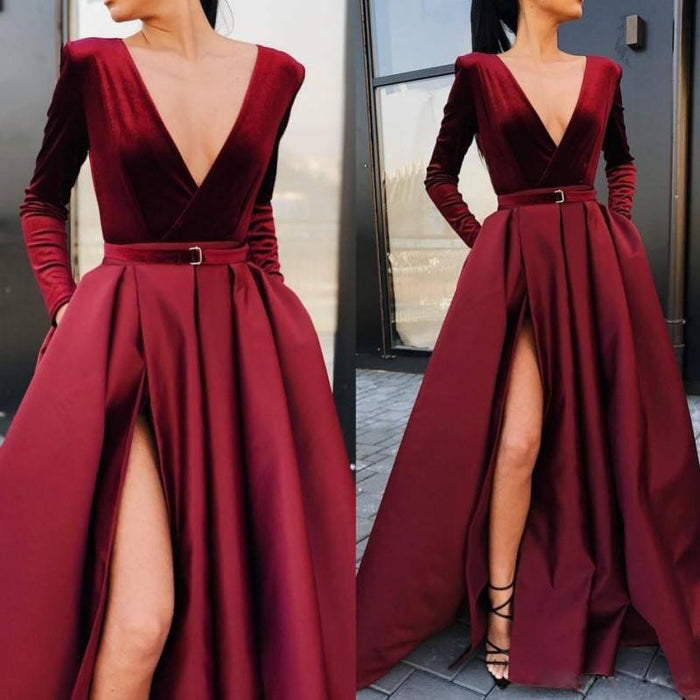 Satin Wedding Dress Gown Prom Party Dress Long Sleeve High Split Maxi Gowns