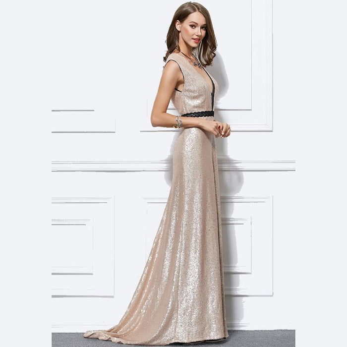 sd-hk Deep V Neck Gold Fishtail Evening Dress Sexy Banquet Dress
