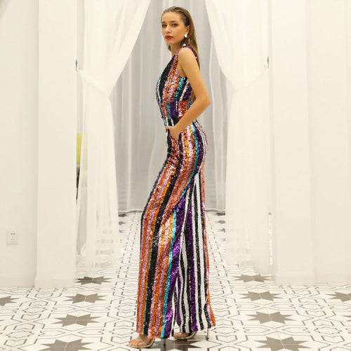 Colorful deep v sequin jumpsuit for women with a shimmering design perfect for parties