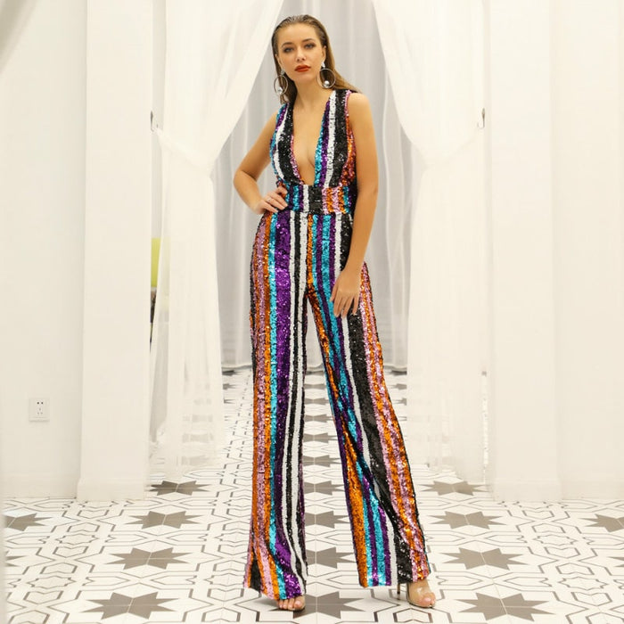 Stylish deep v sequin jumpsuit for women featuring colorful stripes and a flattering fit