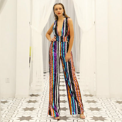 Stylish deep v sequin jumpsuit for women featuring colorful stripes and a flattering fit