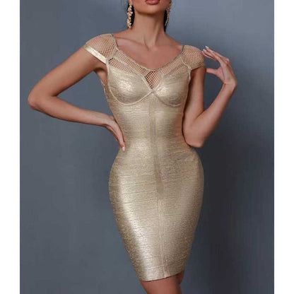 sd-hk Gold Sequin Midi Dress Short Sleeve Bodycon Party Dress