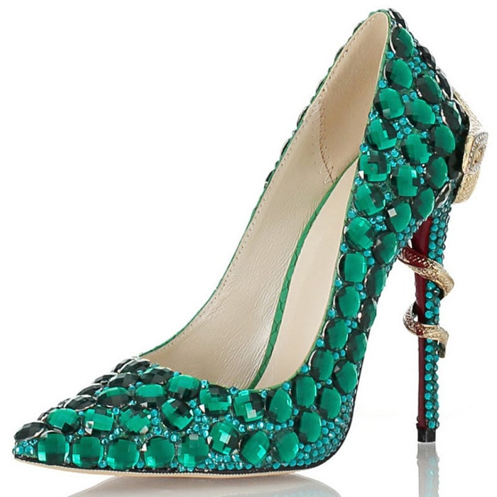 Stunning green diamond wedding heels adorned with sparkling gems and a stylish heel design