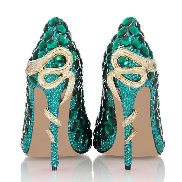 Stunning green diamond wedding heels embellished with intricate designs and sparkling details