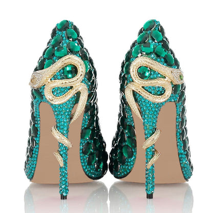 Stunning green diamond wedding heels embellished with intricate designs and sparkling details