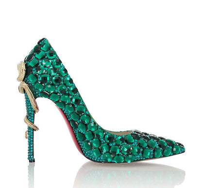 Elegant green diamond wedding heels adorned with sparkling gems and a stylish design