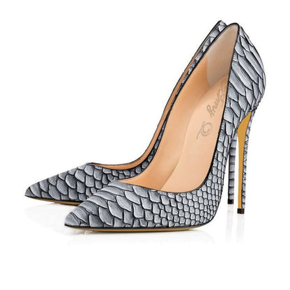 Stylish snakeskin pattern bridal high heels with a pointed toe design for elegant wedding attire