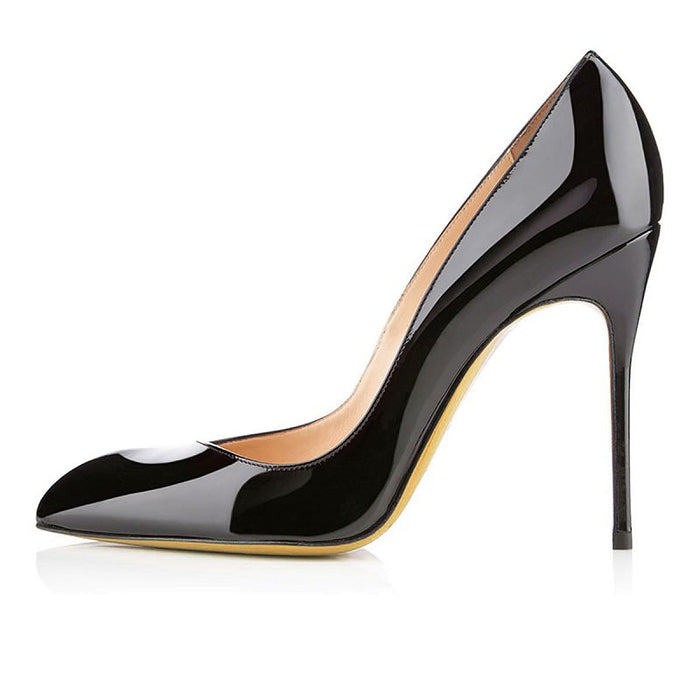 Shiny black stiletto heels for prom and weddings with elegant pointed toe and high heel design