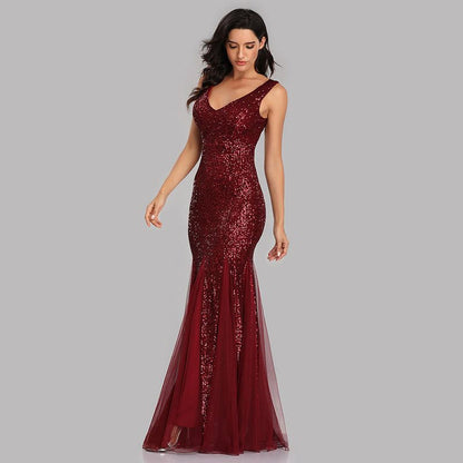 sd-hk Women Wine Red Sequin Evening Dress V Neck Sleeveless Long Party Dress