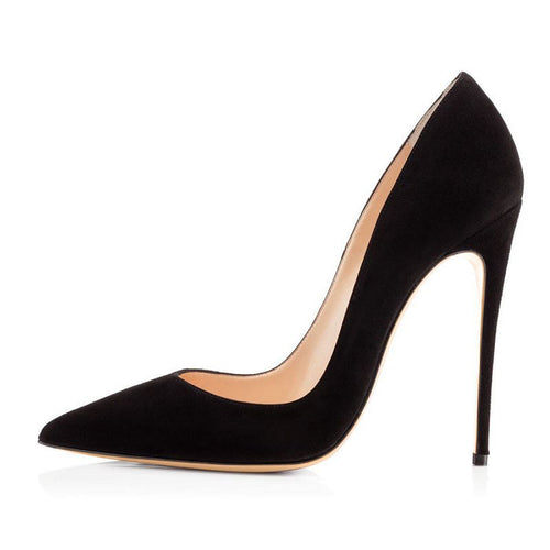 Elegant black women's suede stiletto pumps with a pointed toe and high heel for a chic look