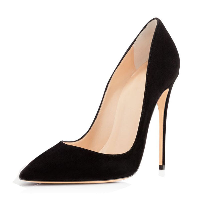 Elegant black women's suede stiletto pumps with a sleek pointed toe design and high heel