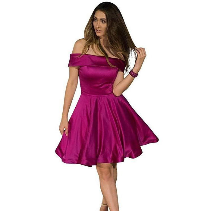 Elegant junior bridesmaid dresses off shoulder in vibrant pink with a flared skirt for formal occasions