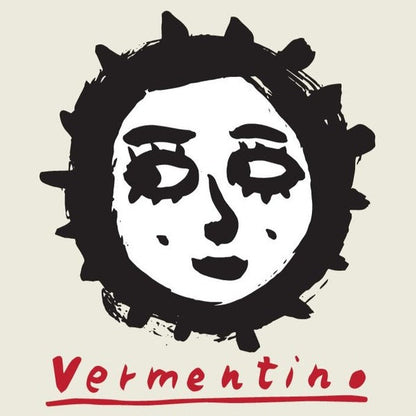 Sequerciani Vermentino 2023 wine label with face illustration and red “Vermentino” text