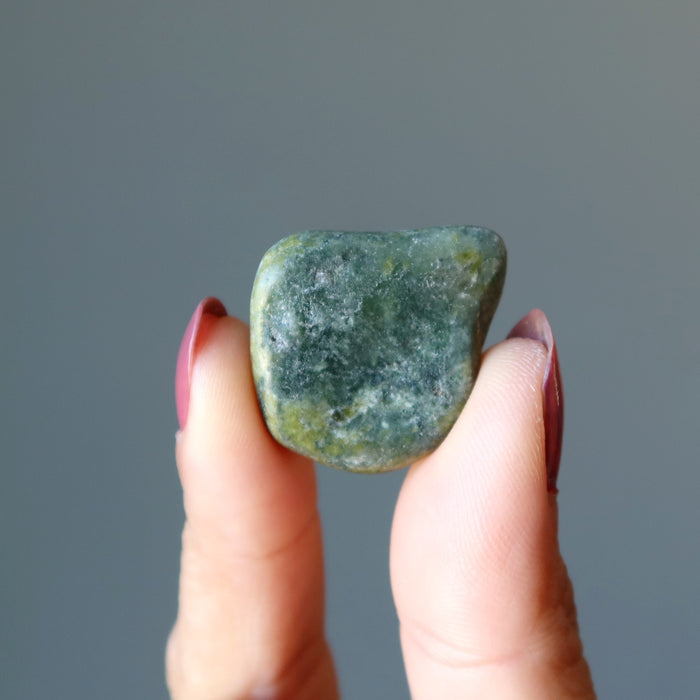 fingers holding one Serpentine Tumbled Stone