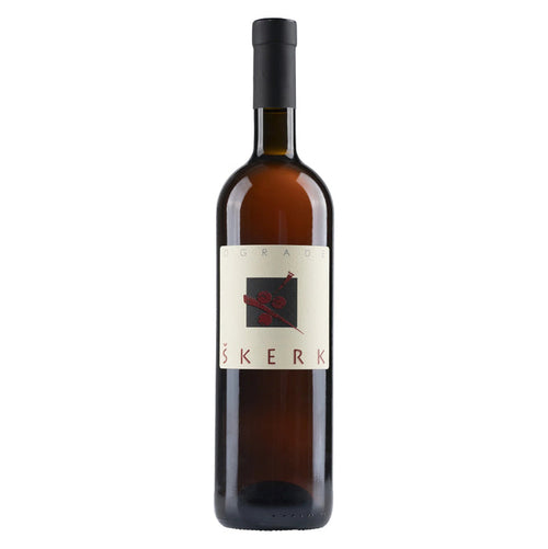 Wine bottle with amber liquid, black cap, and white label with red rose design