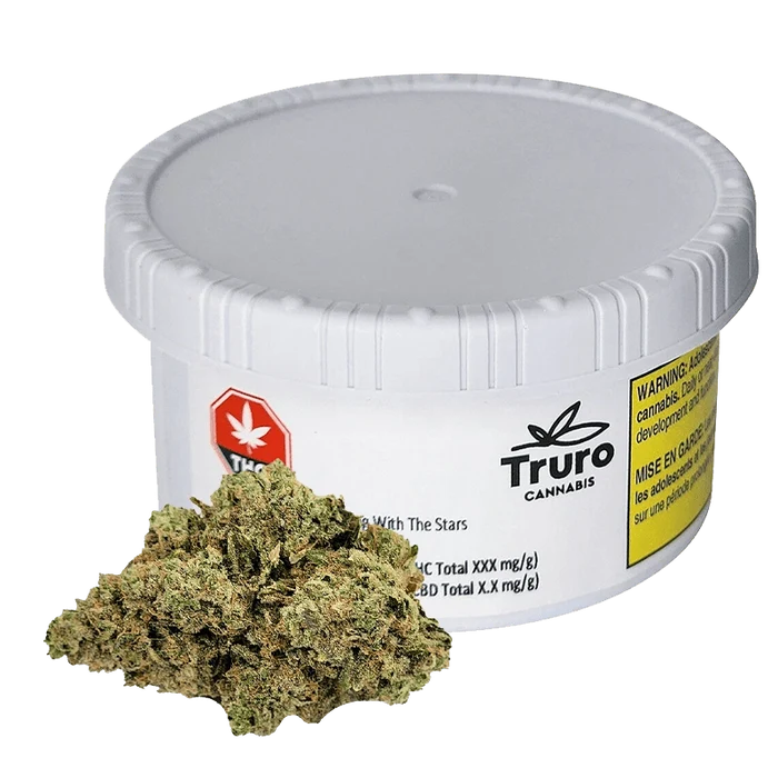 A close-up of the Sleeping With The Stars cannabis, showcasing a vibrant, textured bud against a branded background.
