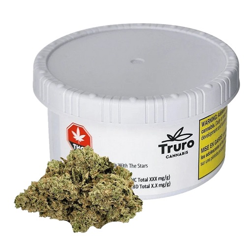 A close-up of the Sleeping With The Stars cannabis, showcasing a vibrant, textured bud against a branded background.