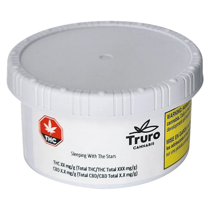 Front view of the “Sleeping With The Stars” package, displaying cannabis branding and a warning label on its white surface.
