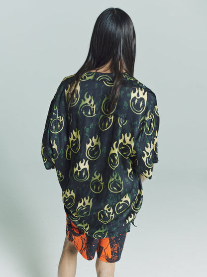 Smiley Dot Camo Ecovero Oversized Bowling Shirt