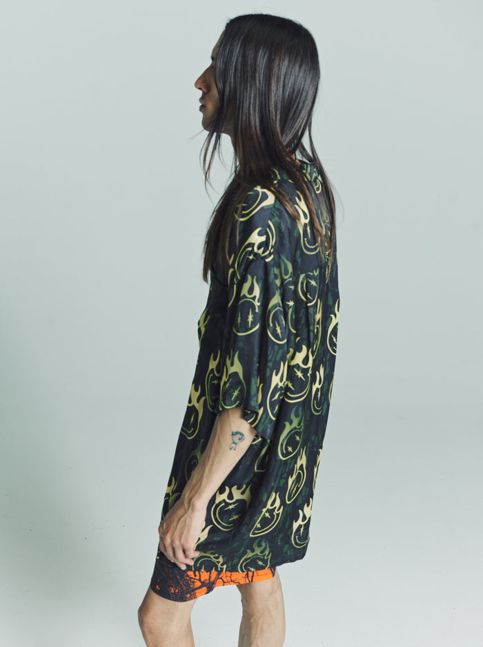 Smiley Dot Camo Ecovero Oversized Bowling Shirt