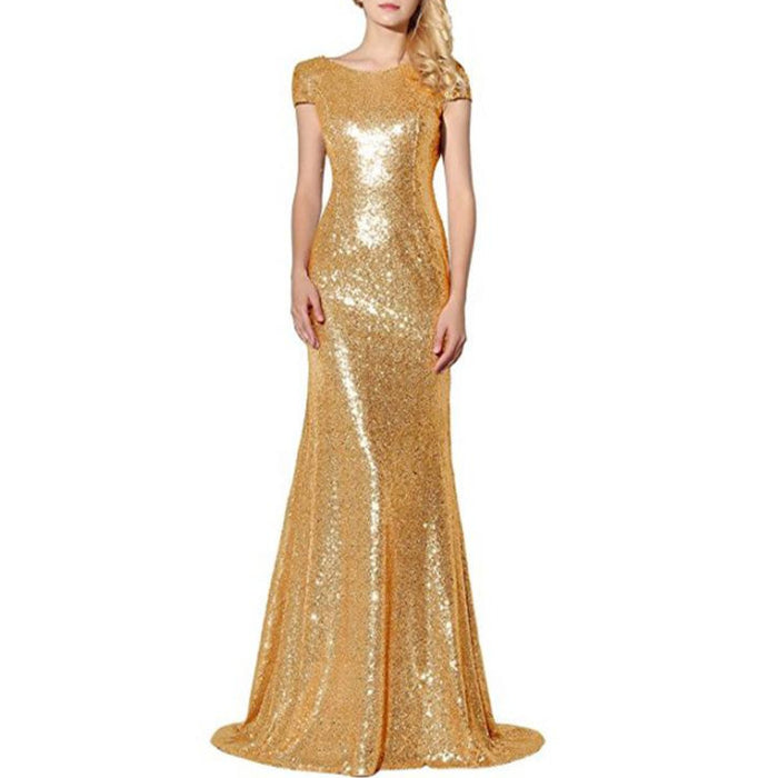 Elegant sparkly wedding ball gown in gold sequins with a fitted silhouette and flattering cap sleeves