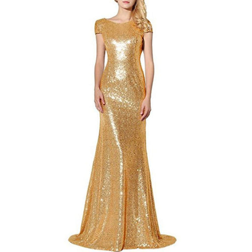 Elegant sparkly wedding ball gown in gold sequins with a fitted silhouette and flattering cap sleeves