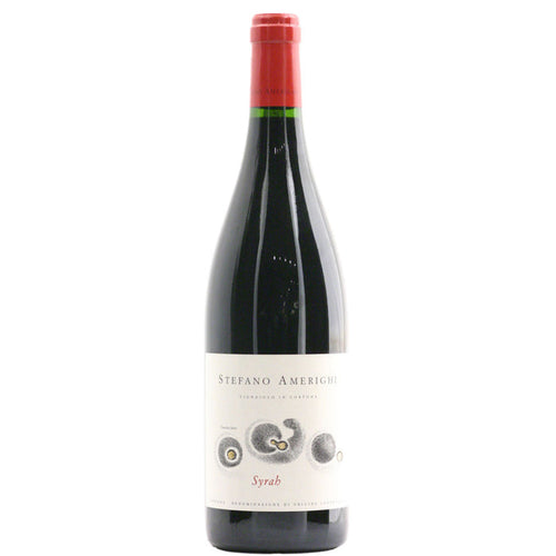 Stefano Amerighi Syrah wine bottle with red foil cap and dark glass