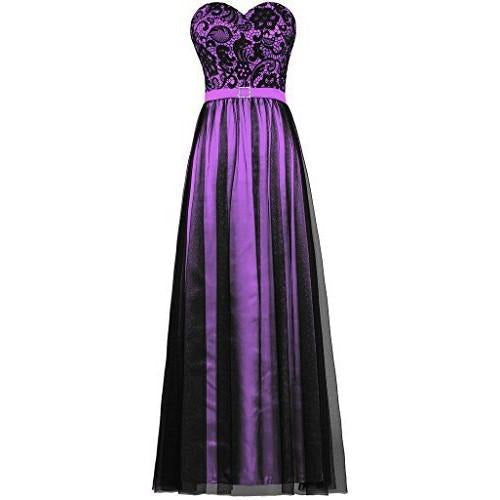 Elegant strapless prom dress in purple and black with a sweetheart neckline and floral lace design