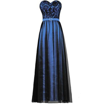 Elegant strapless prom dress featuring a blue bodice with intricate patterns and a flowing black skirt