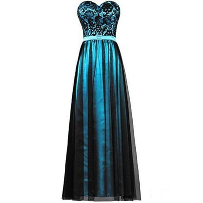 Elegant strapless prom dress with a beaded bodice and flowing black and blue skirt
