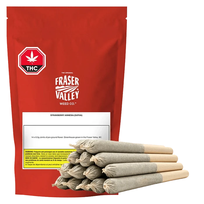 A close-up of the Strawberry Amnesia Joints Pre Rolled 14 x 0.5 g package with a red and white label, showing the branding and product details.