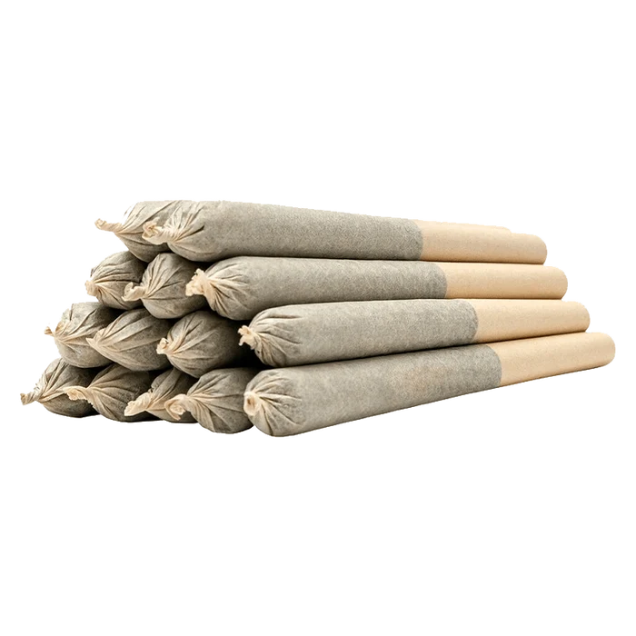 A stack of fourteen 0.5g Strawberry Amnesia Joints presented in a flat lay, showcasing their cylindrical shape and paper wrapping.