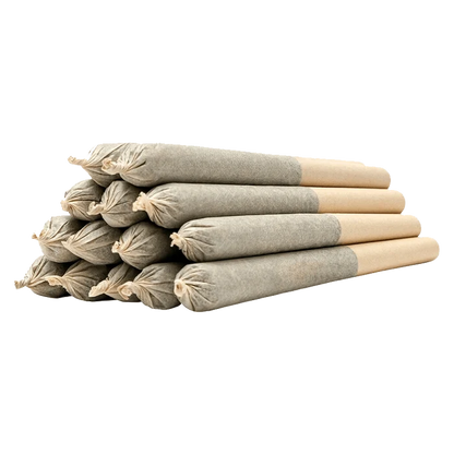 A stack of fourteen 0.5g Strawberry Amnesia Joints presented in a flat lay, showcasing their cylindrical shape and paper wrapping.