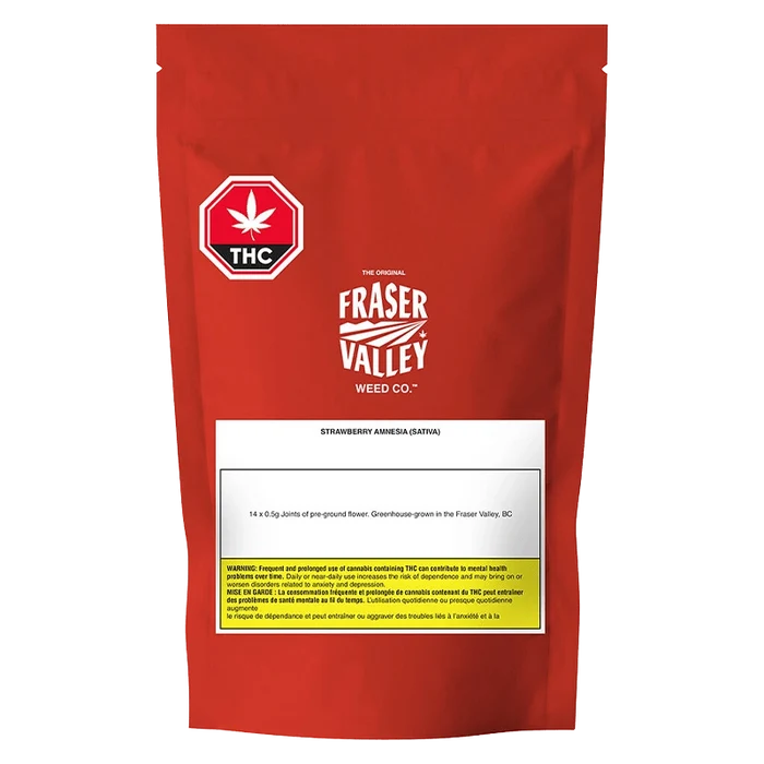 Front view of Strawberry Amnesia Joints Pre Rolled 14 x 0.5 g packaging with Fraser Valley branding on a white background.