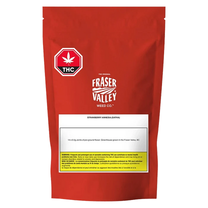 Front view of Strawberry Amnesia Joints Pre Rolled 14 x 0.5 g packaging with Fraser Valley branding on a white background.