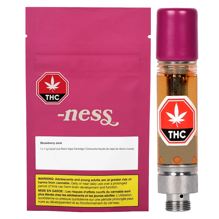 Front view of the Strawberry Jack liquid Live Resin Vape Cartridge, displaying branding alongside a warning label on a black background.