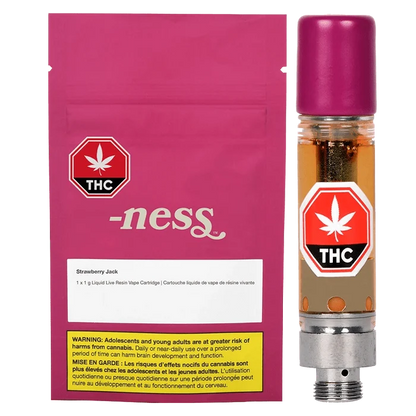 Front view of the Strawberry Jack liquid Live Resin Vape Cartridge, displaying branding alongside a warning label on a black background.