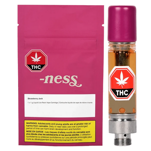 Front view of the Strawberry Jack liquid Live Resin Vape Cartridge, displaying branding alongside a warning label on a black background.